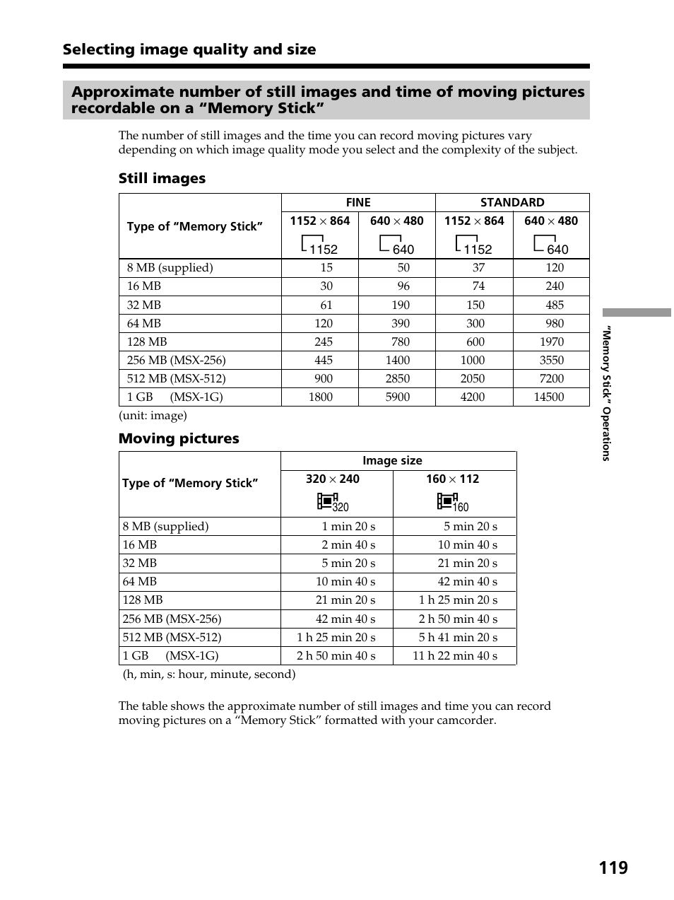 Selecting image quality and size | Sony DCR-PC105 User Manual | Page 119 / 240