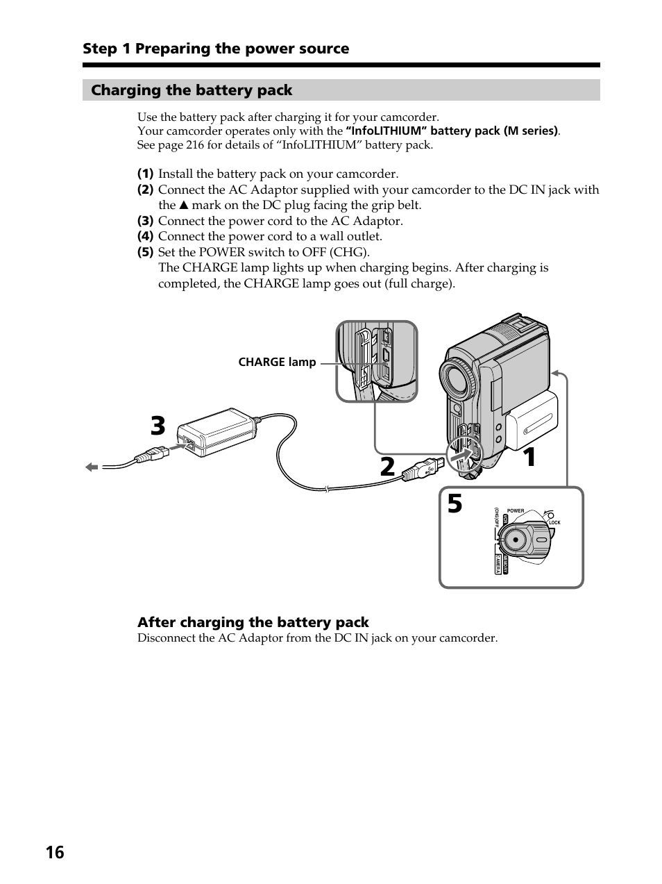 Charging the battery pack | Sony DCR-PC105 User Manual | Page 16 / 240