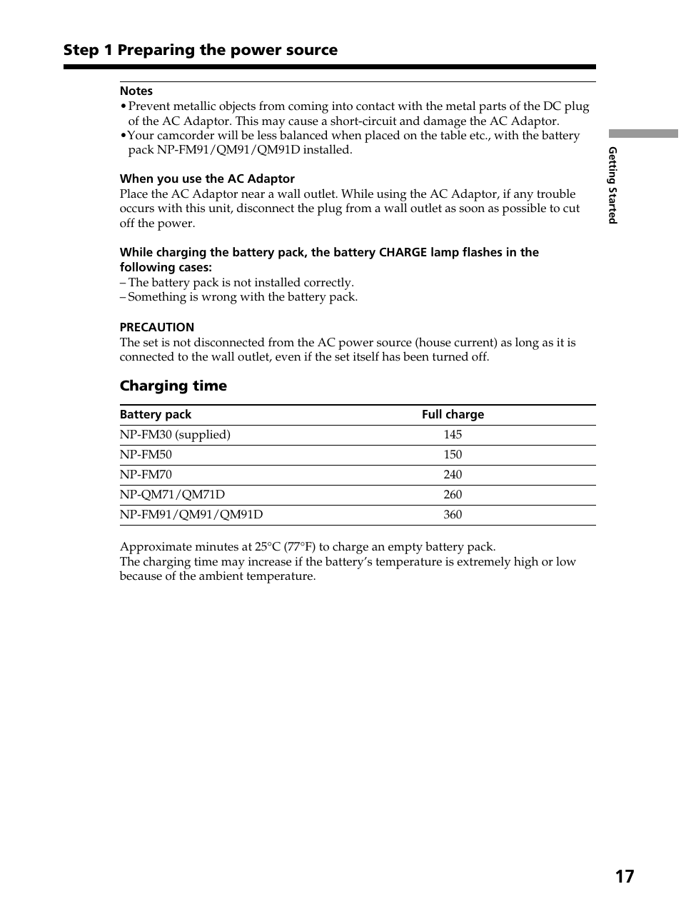 Step 1 preparing the power source | Sony DCR-PC105 User Manual | Page 17 / 240
