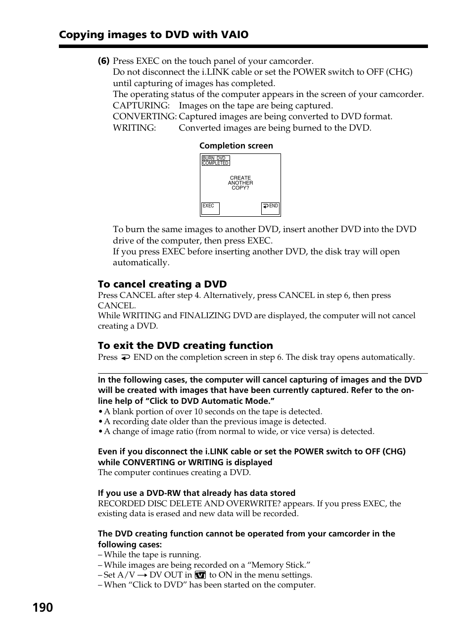 Copying images to dvd with vaio | Sony DCR-PC105 User Manual | Page 190 / 240