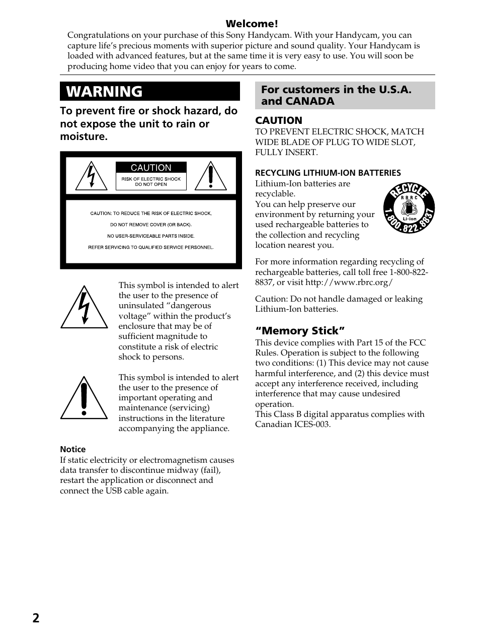Warning | Sony DCR-PC105 User Manual | Page 2 / 240