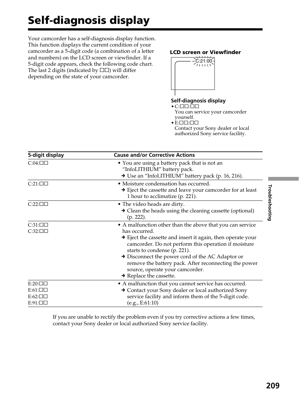 Self-diagnosis display | Sony DCR-PC105 User Manual | Page 209 / 240