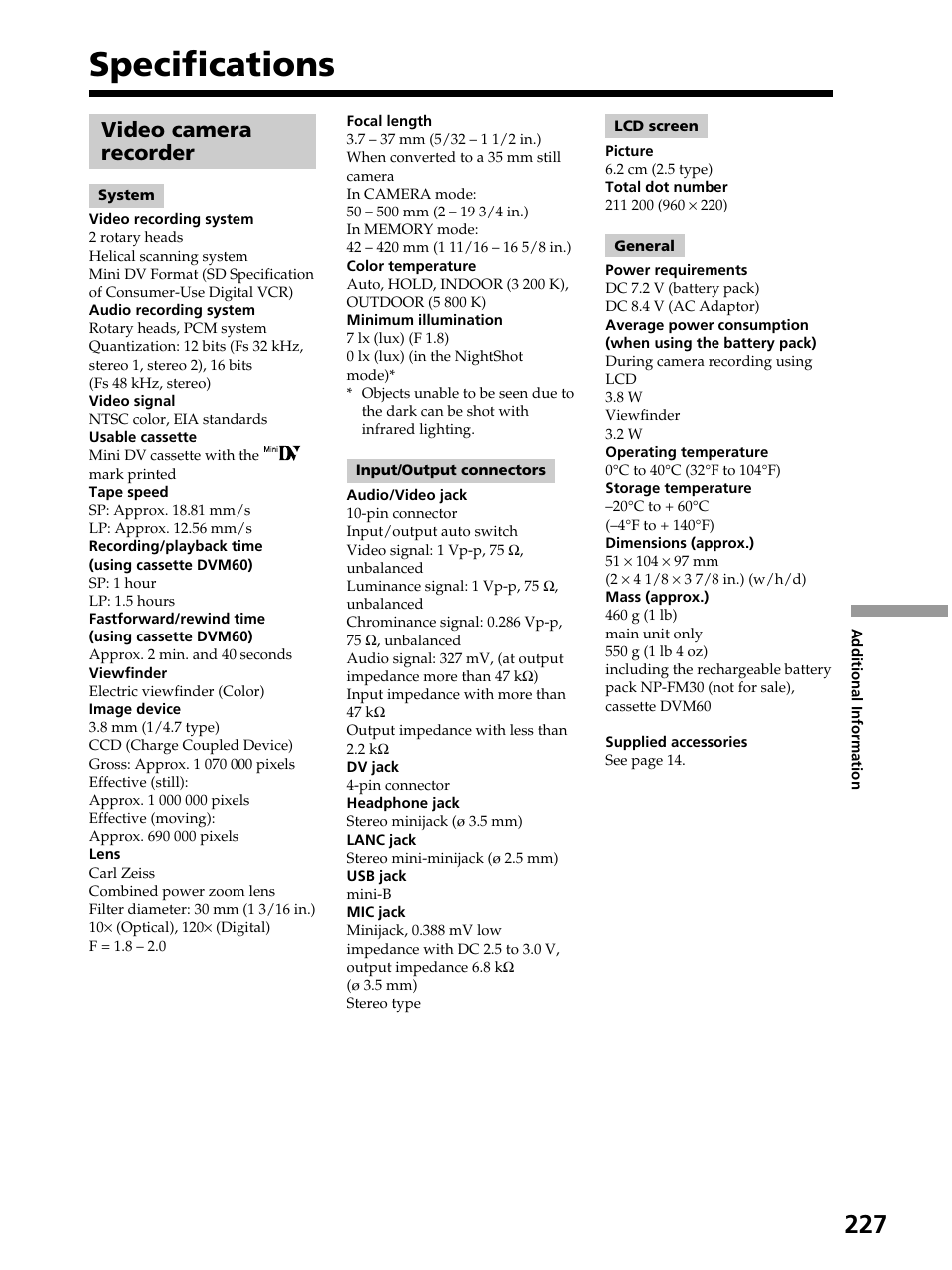 Specifications, Video camera recorder | Sony DCR-PC105 User Manual | Page 227 / 240