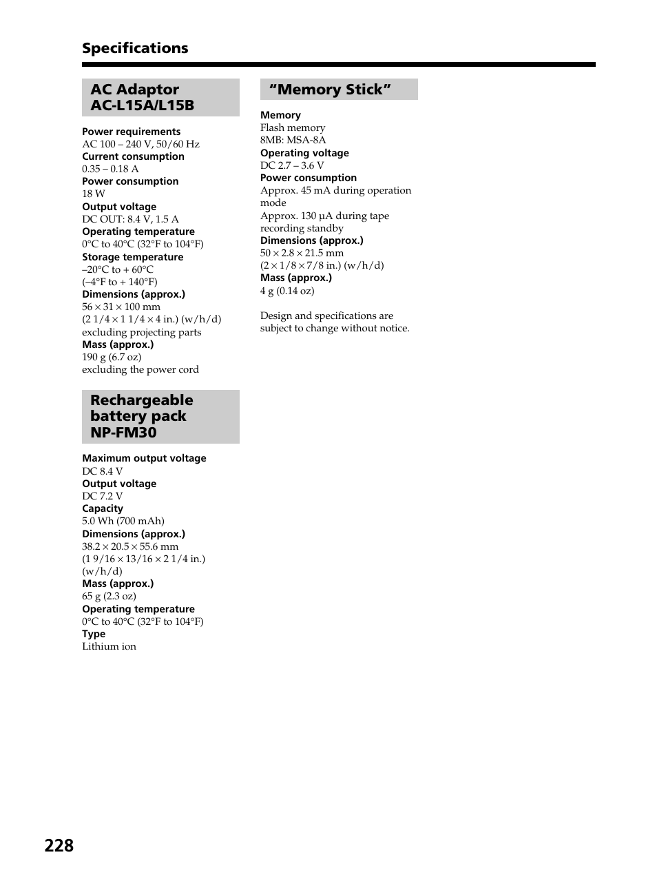 Ac adaptor ac-l15a/l15b, Rechargeable battery pack np-fm30, Specifications | Sony DCR-PC105 User Manual | Page 228 / 240