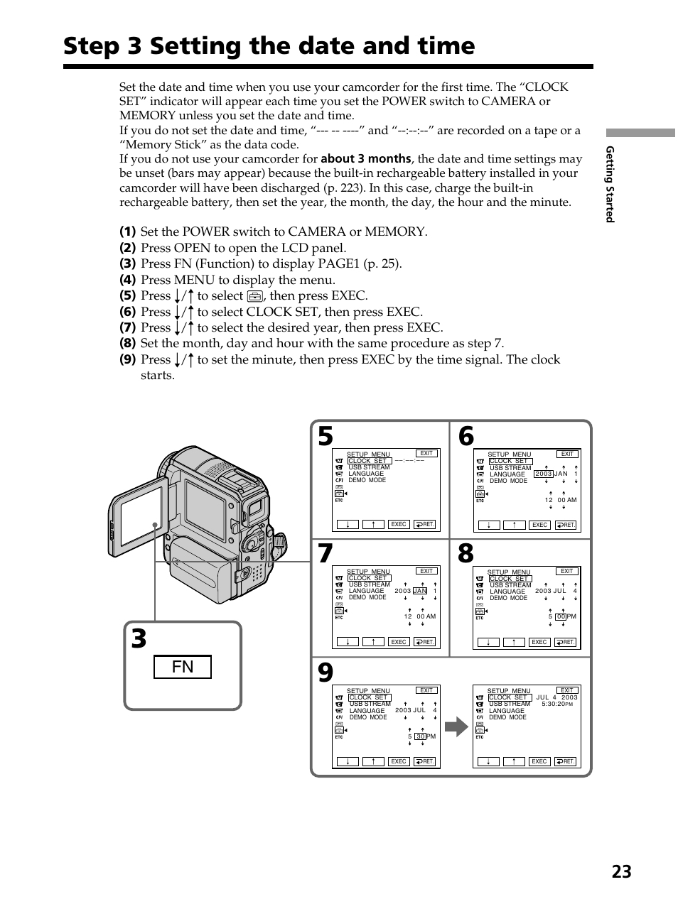 Step 3 setting the date and time | Sony DCR-PC105 User Manual | Page 23 / 240
