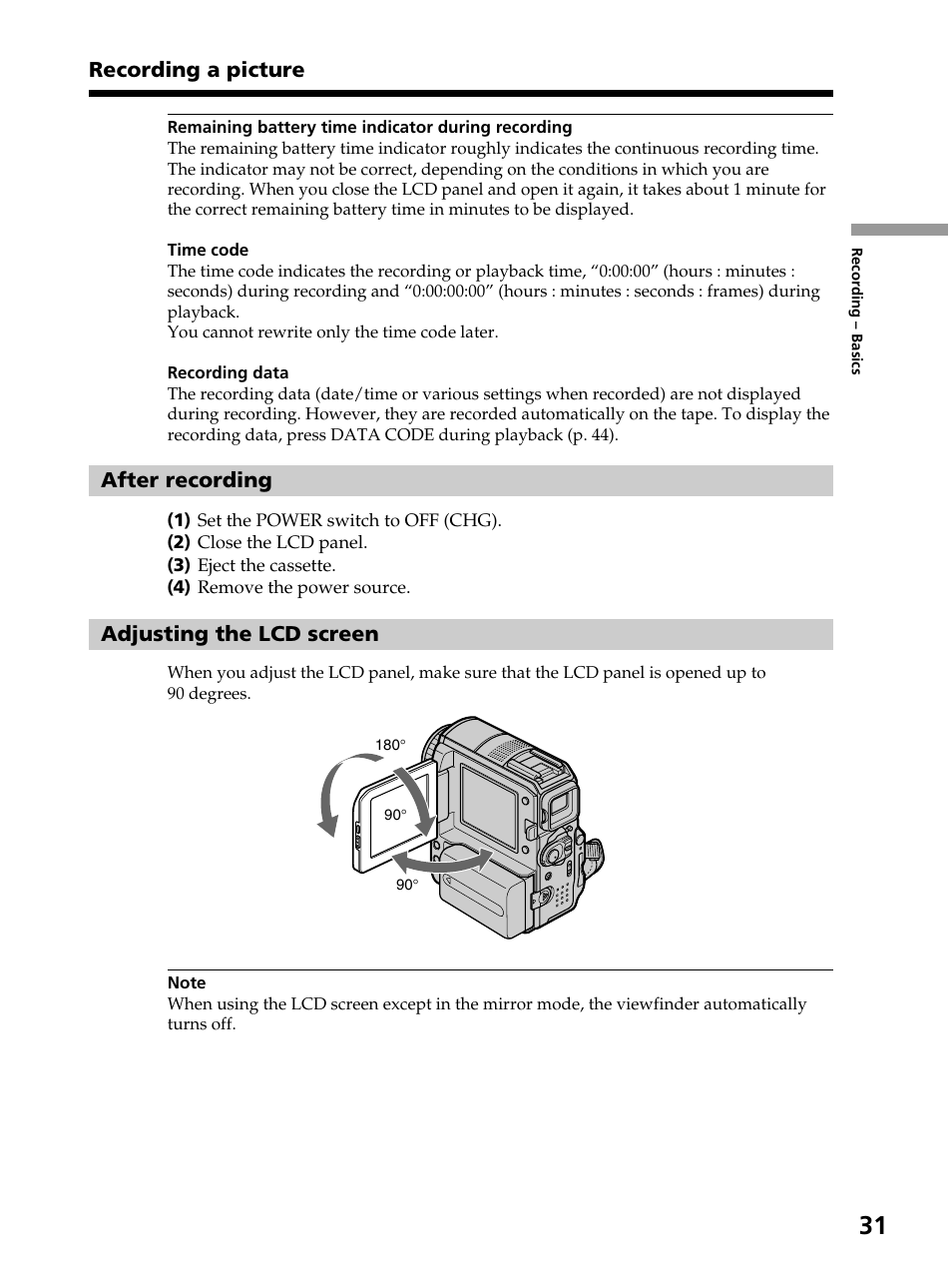 Recording a picture, After recording, Adjusting the lcd screen | Sony DCR-PC105 User Manual | Page 31 / 240