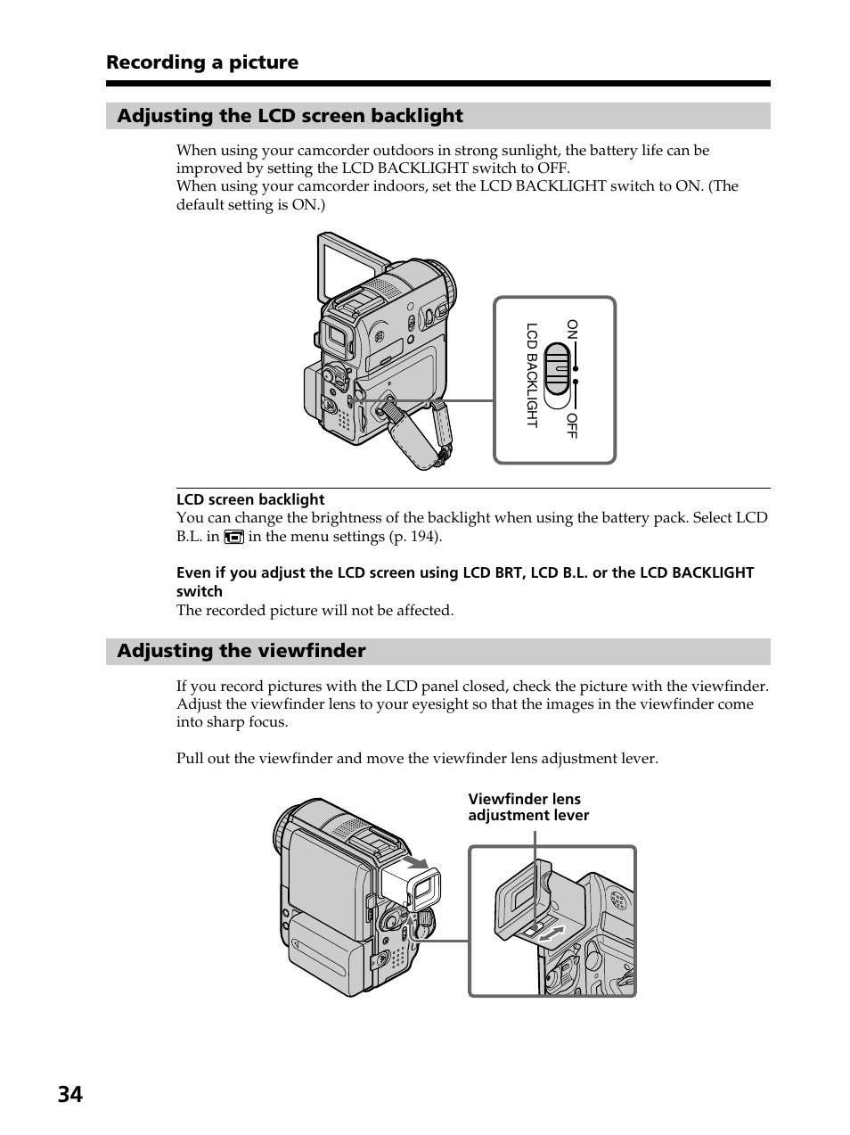 Adjusting the viewfinder | Sony DCR-PC105 User Manual | Page 34 / 240
