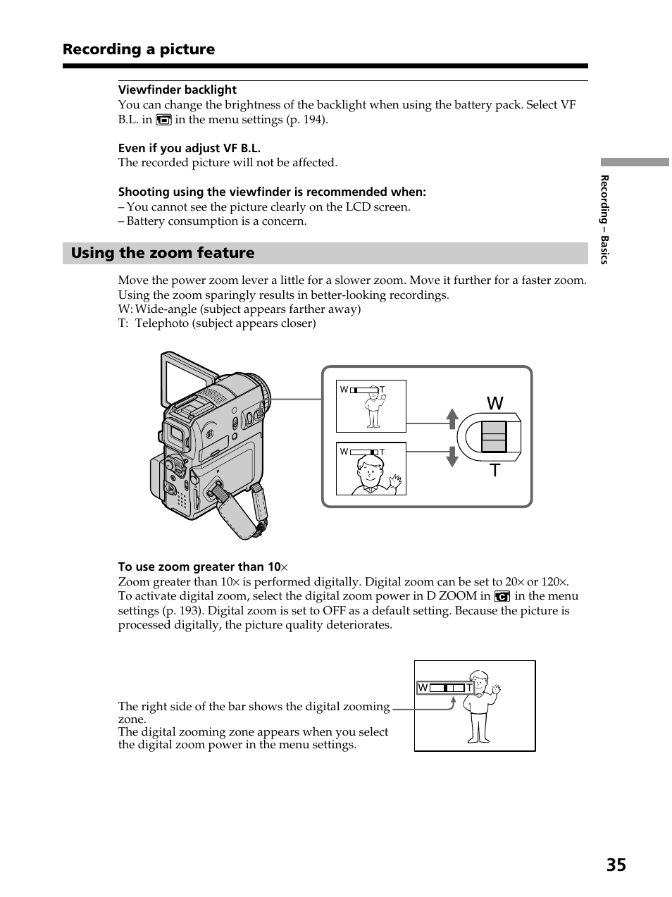 Using the zoom feature, Recording a picture | Sony DCR-PC105 User Manual | Page 35 / 240
