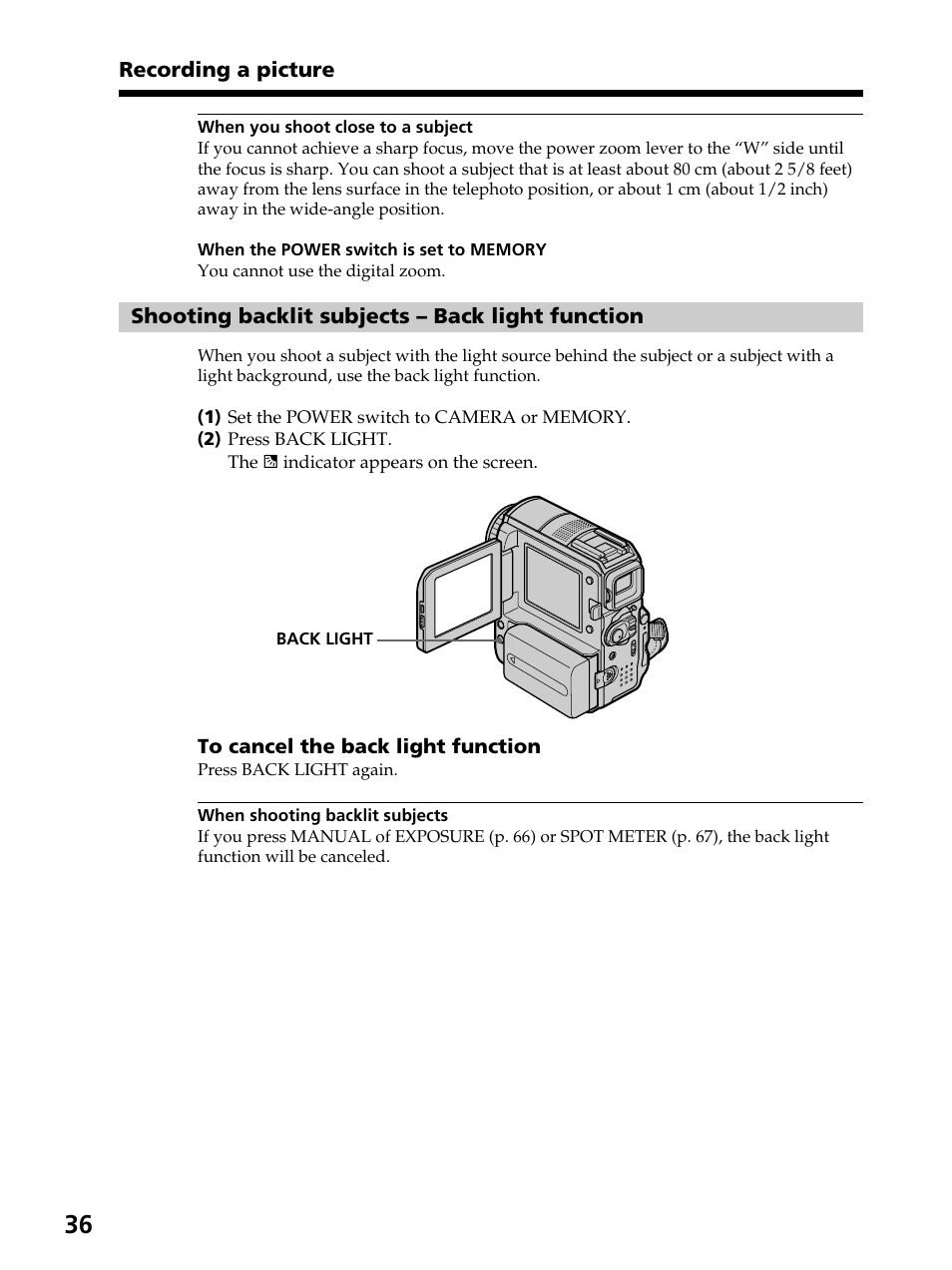 Shooting backlit subjects – back light function | Sony DCR-PC105 User Manual | Page 36 / 240