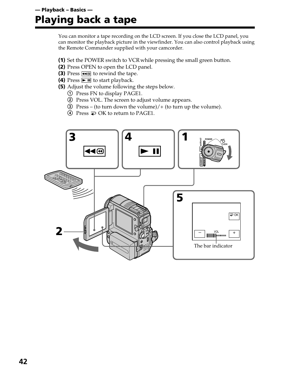 Playback – basics, Playing back a tape | Sony DCR-PC105 User Manual | Page 42 / 240