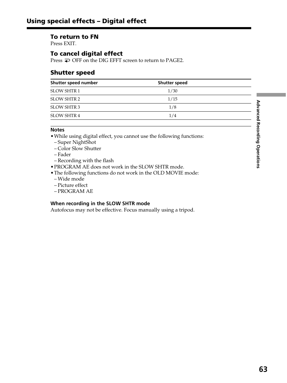 Using special effects – digital effect, Shutter speed | Sony DCR-PC105 User Manual | Page 63 / 240