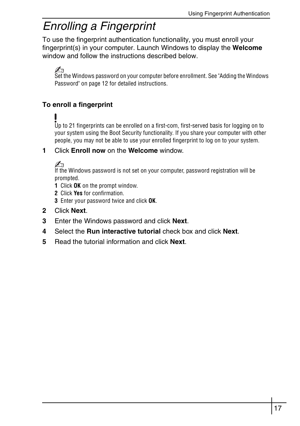 Enrolling a fingerprint | Sony VGN-BX563B User Manual | Page 17 / 64