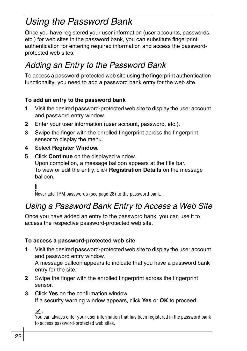 Using the password bank, Adding an entry to the password bank, Using a password bank entry to access a web site | Sony VGN-BX563B User Manual | Page 22 / 64