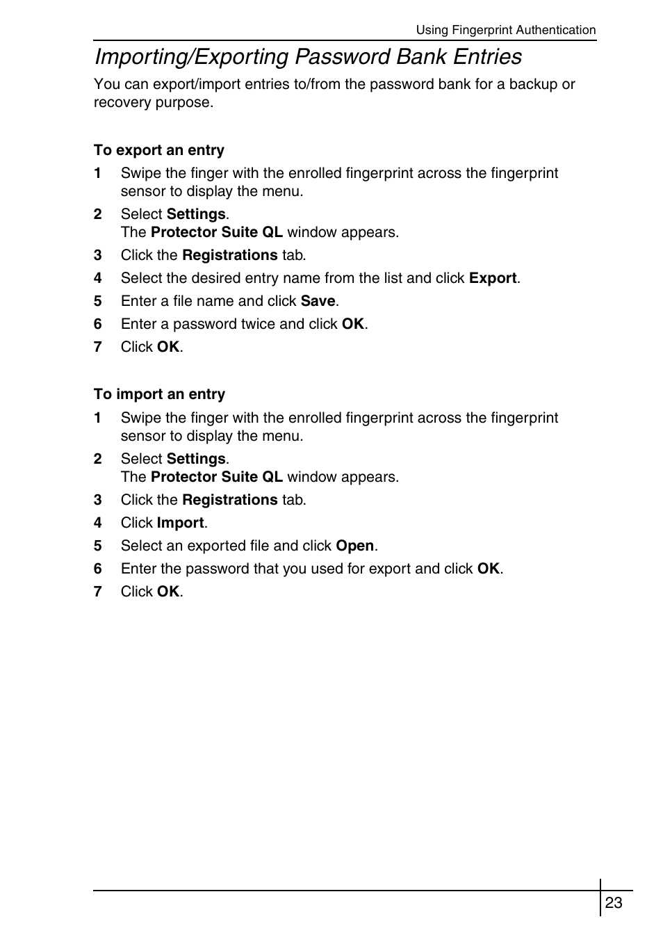 Importing/exporting password bank entries | Sony VGN-BX563B User Manual | Page 23 / 64