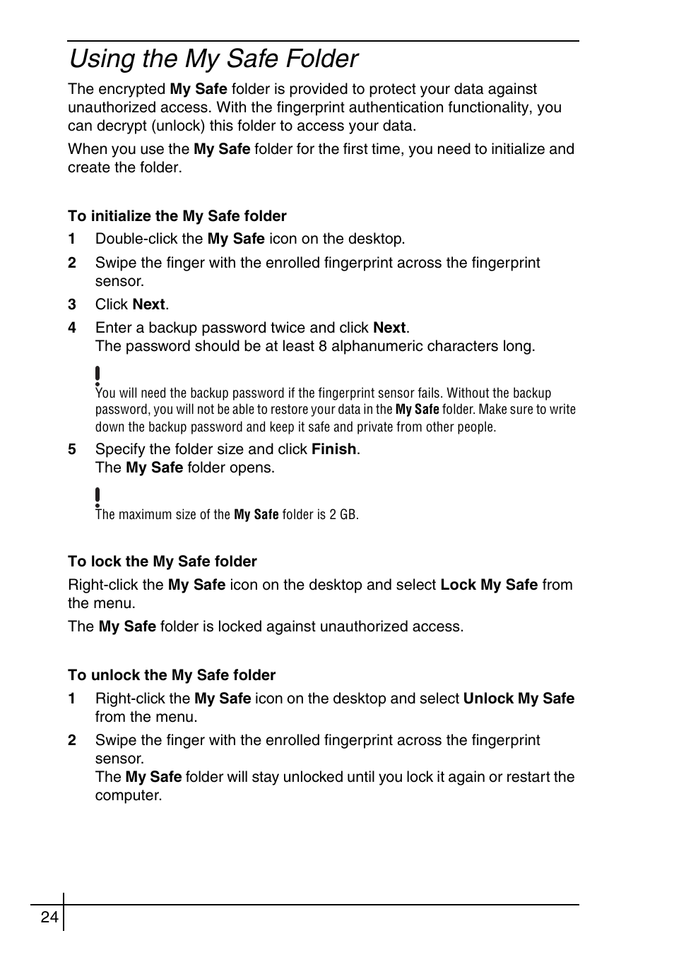 Using the my safe folder | Sony VGN-BX563B User Manual | Page 24 / 64
