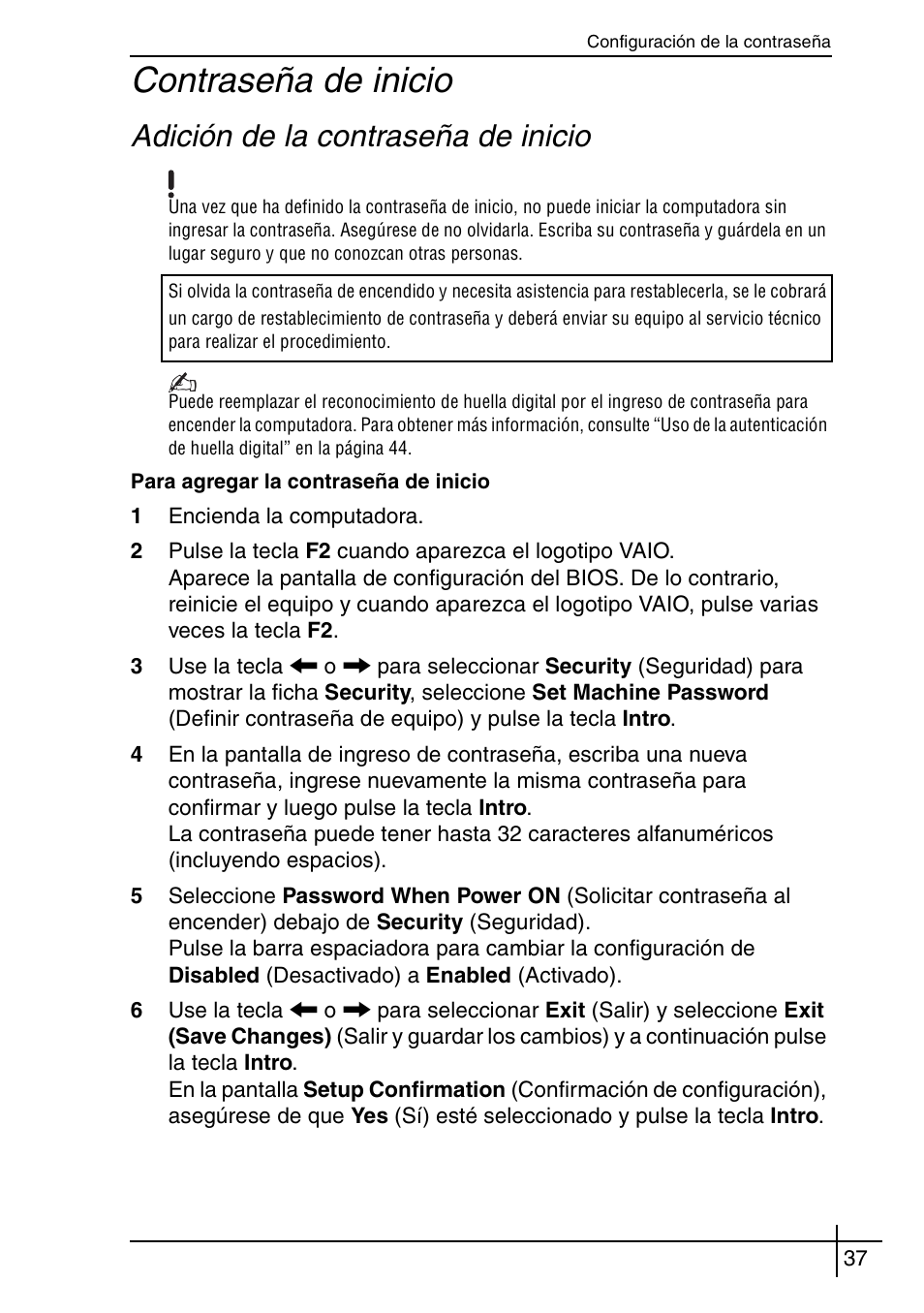Contraseña de inicio, Adición de la contraseña de inicio | Sony VGN-BX563B User Manual | Page 37 / 64