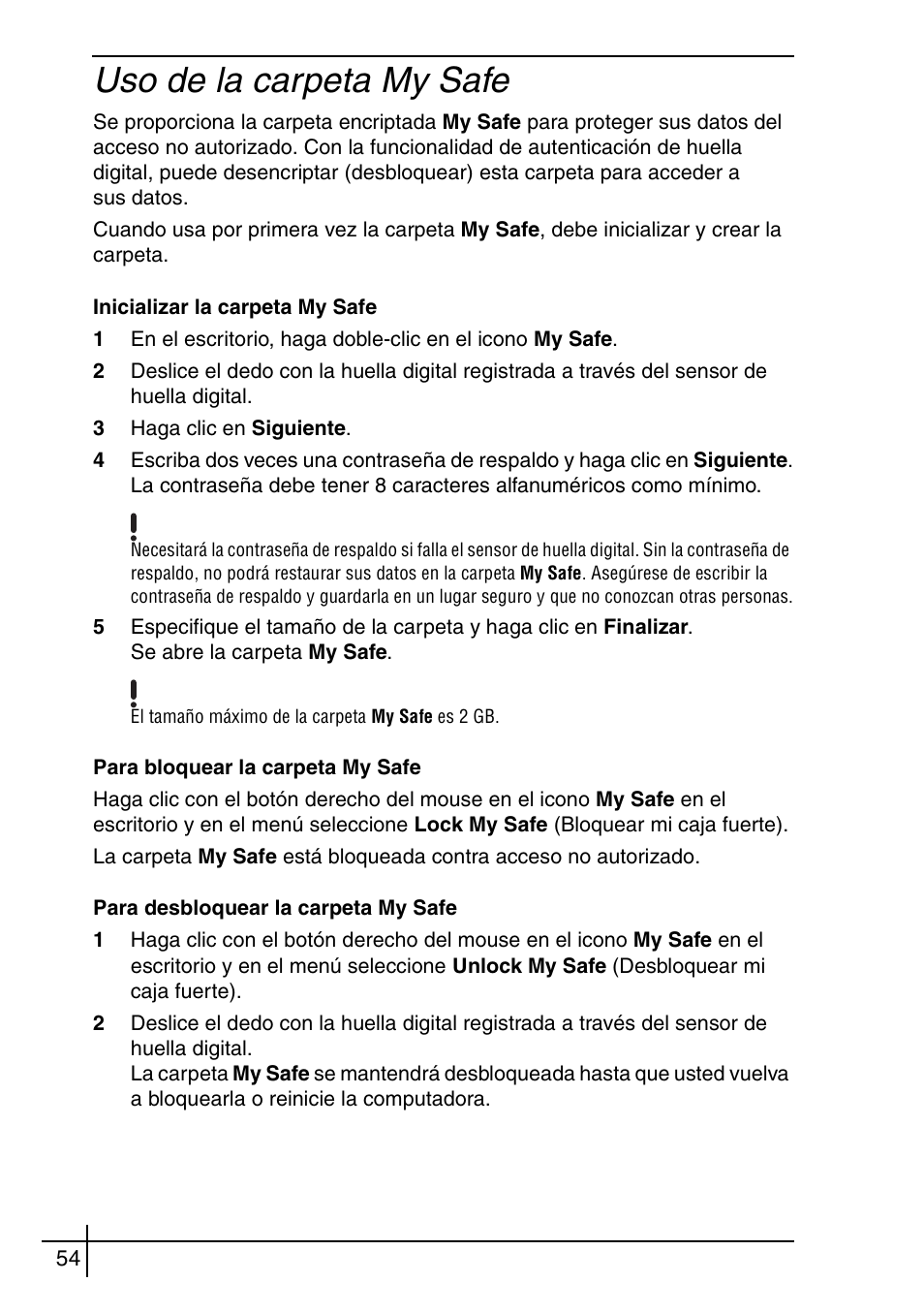 Uso de la carpeta my safe | Sony VGN-BX563B User Manual | Page 54 / 64