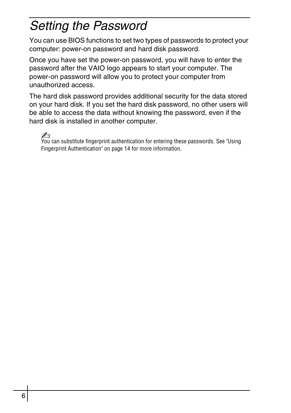 Setting the password | Sony VGN-BX563B User Manual | Page 6 / 64