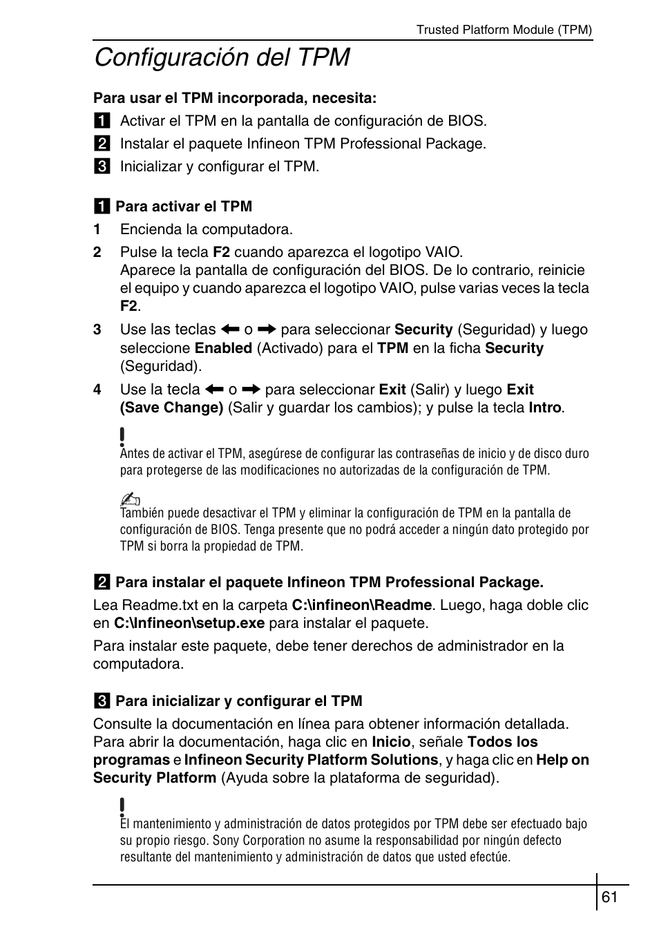 Configuración del tpm | Sony VGN-BX563B User Manual | Page 61 / 64