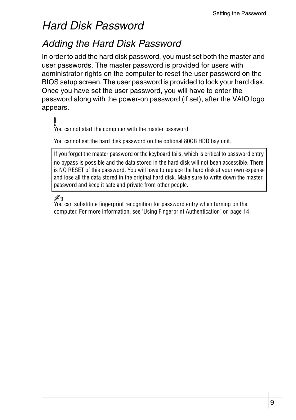Hard disk password, Adding the hard disk password | Sony VGN-BX563B User Manual | Page 9 / 64