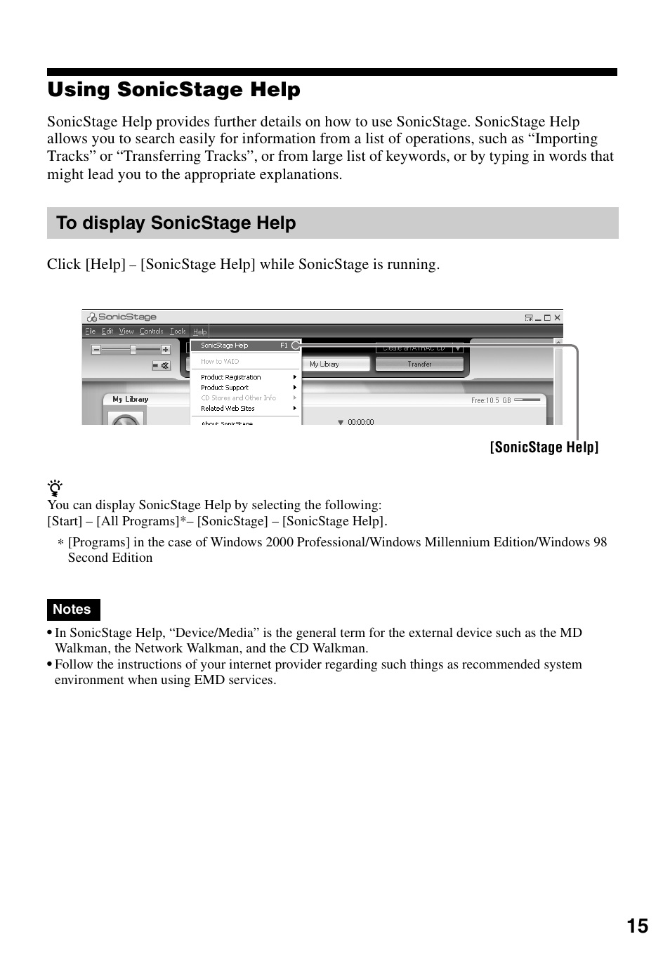 Using sonicstage help, To display sonicstage help, 15 using sonicstage help | Sony VGF-AP1L User Manual | Page 15 / 24