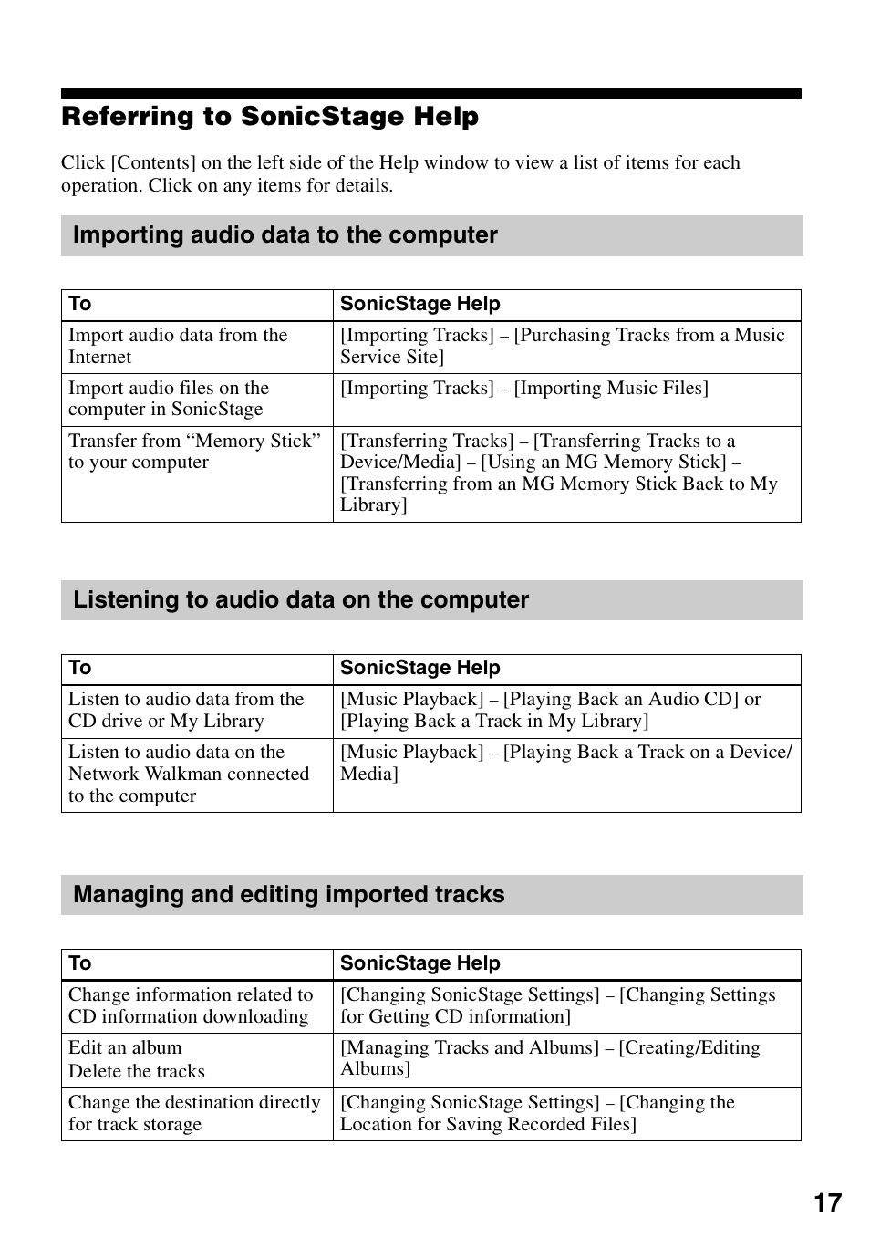 Referring to sonicstage help, Importing audio data to the computer, Listening to audio data on the computer | Managing and editing imported tracks, 17 referring to sonicstage help | Sony VGF-AP1L User Manual | Page 17 / 24
