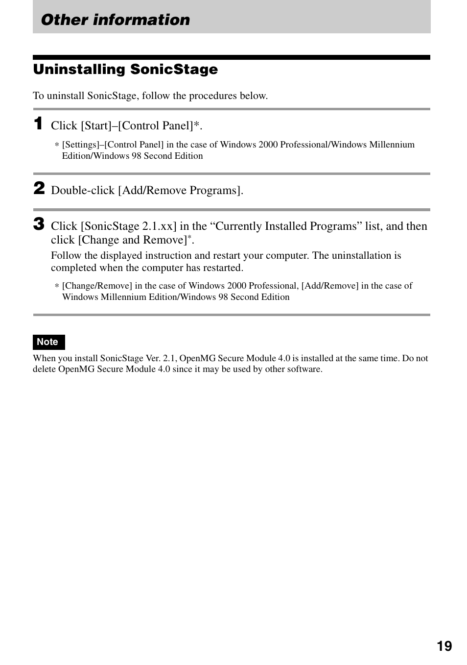 Other information, Uninstalling sonicstage | Sony VGF-AP1L User Manual | Page 19 / 24