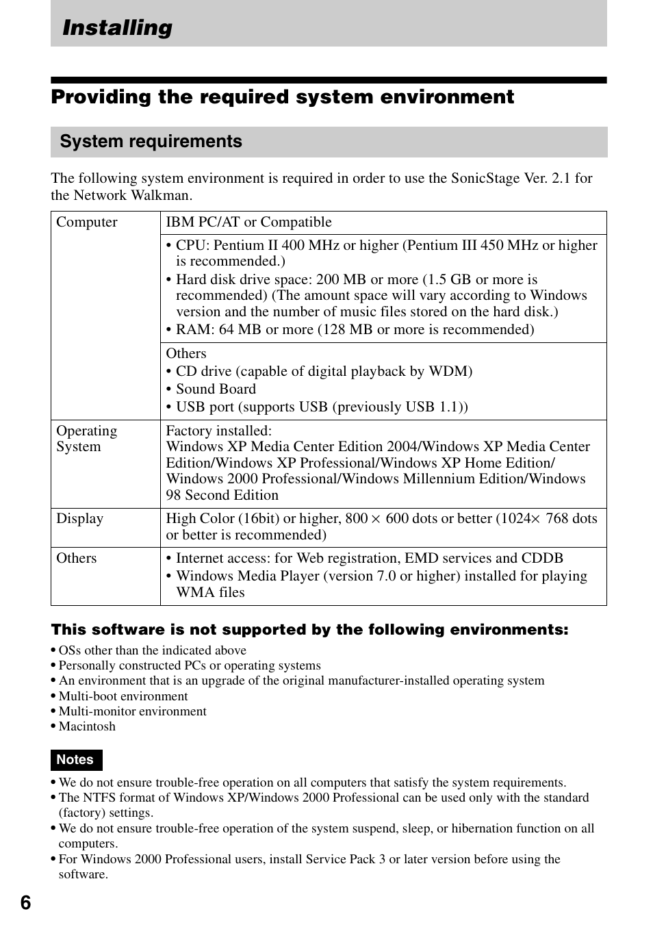 Installing, Providing the required system environment, System requirements | Sony VGF-AP1L User Manual | Page 6 / 24