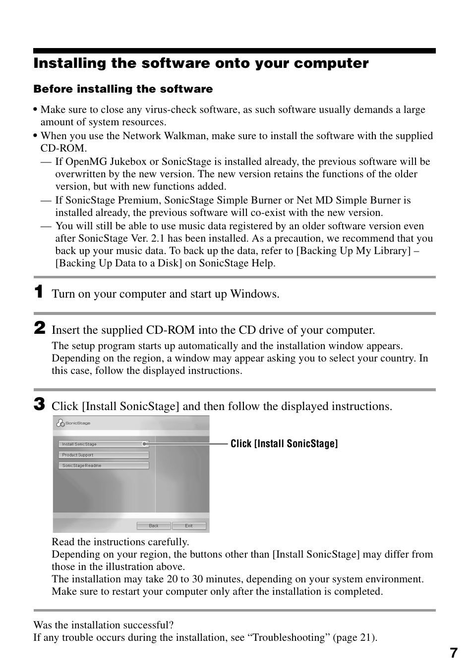 Installing the software onto your computer | Sony VGF-AP1L User Manual | Page 7 / 24