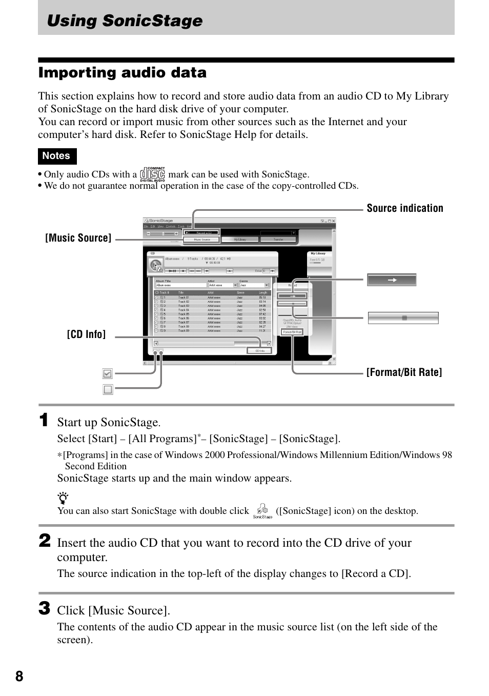 Using sonicstage, Importing audio data | Sony VGF-AP1L User Manual | Page 8 / 24