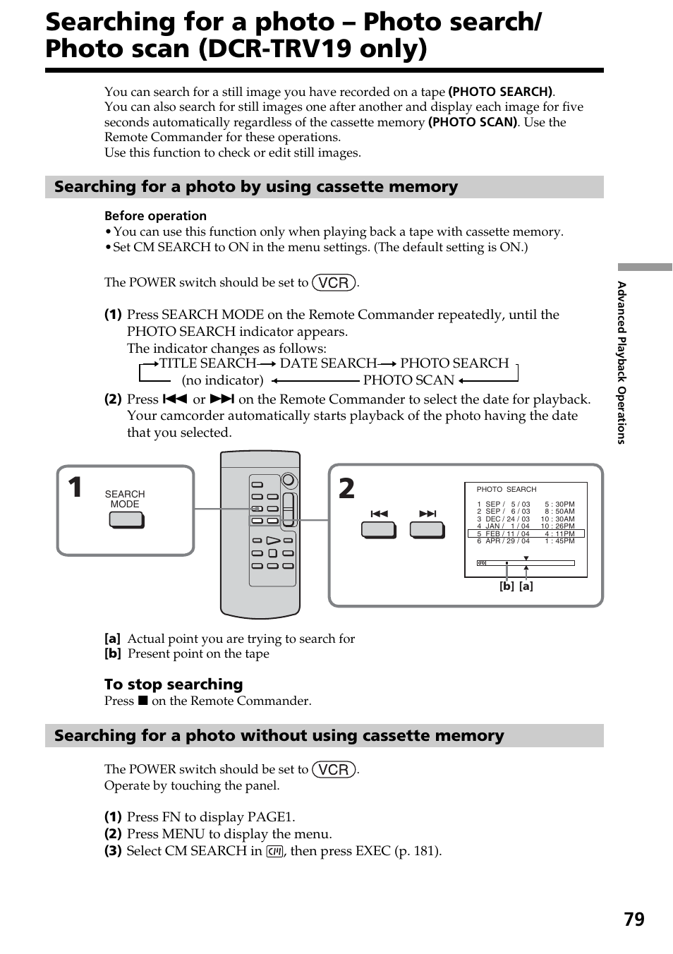 Searching for a photo – photo search, Photo scan (dcr-trv19 only) | Sony DCR-TRV33 User Manual | Page 79 / 220