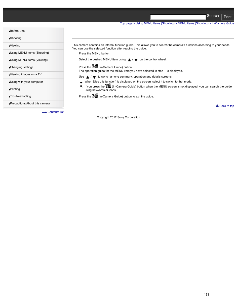 In-camera guide, Cyber-shot user guide print search | Sony DSC-HX30V User Manual | Page 142 / 276
