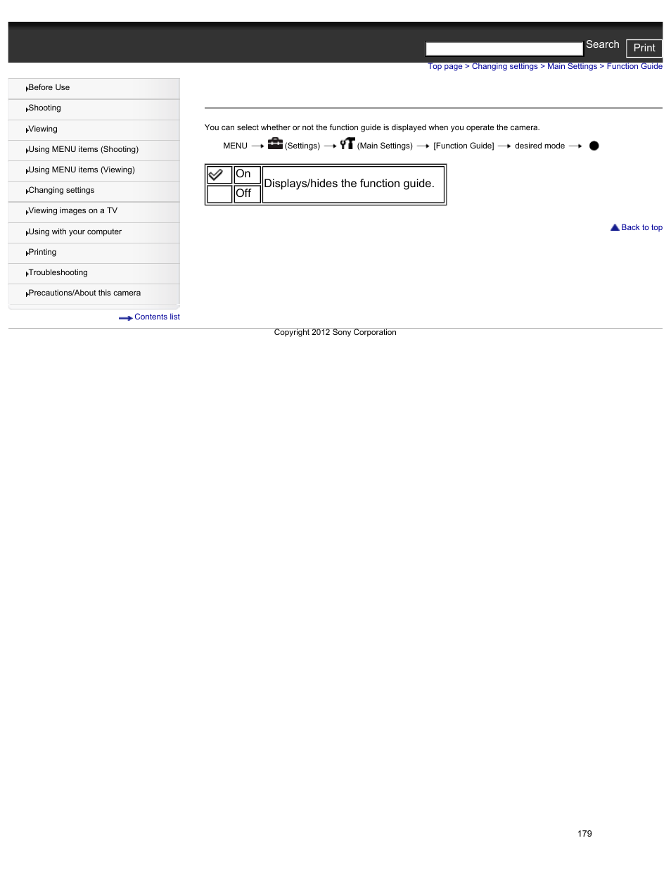 Function guide, On displays/hides the function guide. off | Sony DSC-HX30V User Manual | Page 188 / 276
