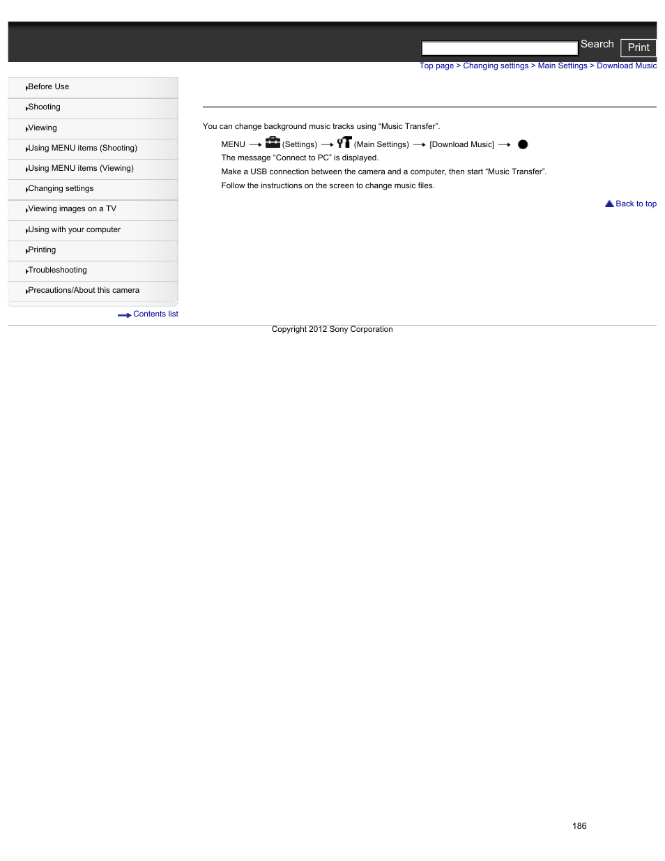 Download music, Cyber-shot user guide print search | Sony DSC-HX30V User Manual | Page 195 / 276