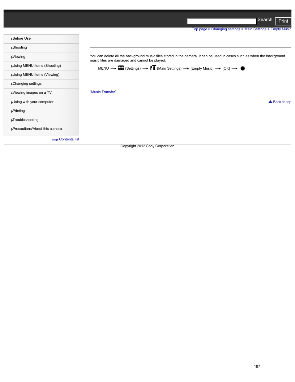 Empty music, Cyber-shot user guide print search | Sony DSC-HX30V User Manual | Page 196 / 276