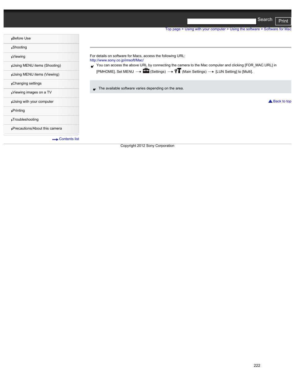 Software for mac, Cyber-shot user guide print search | Sony DSC-HX30V User Manual | Page 231 / 276