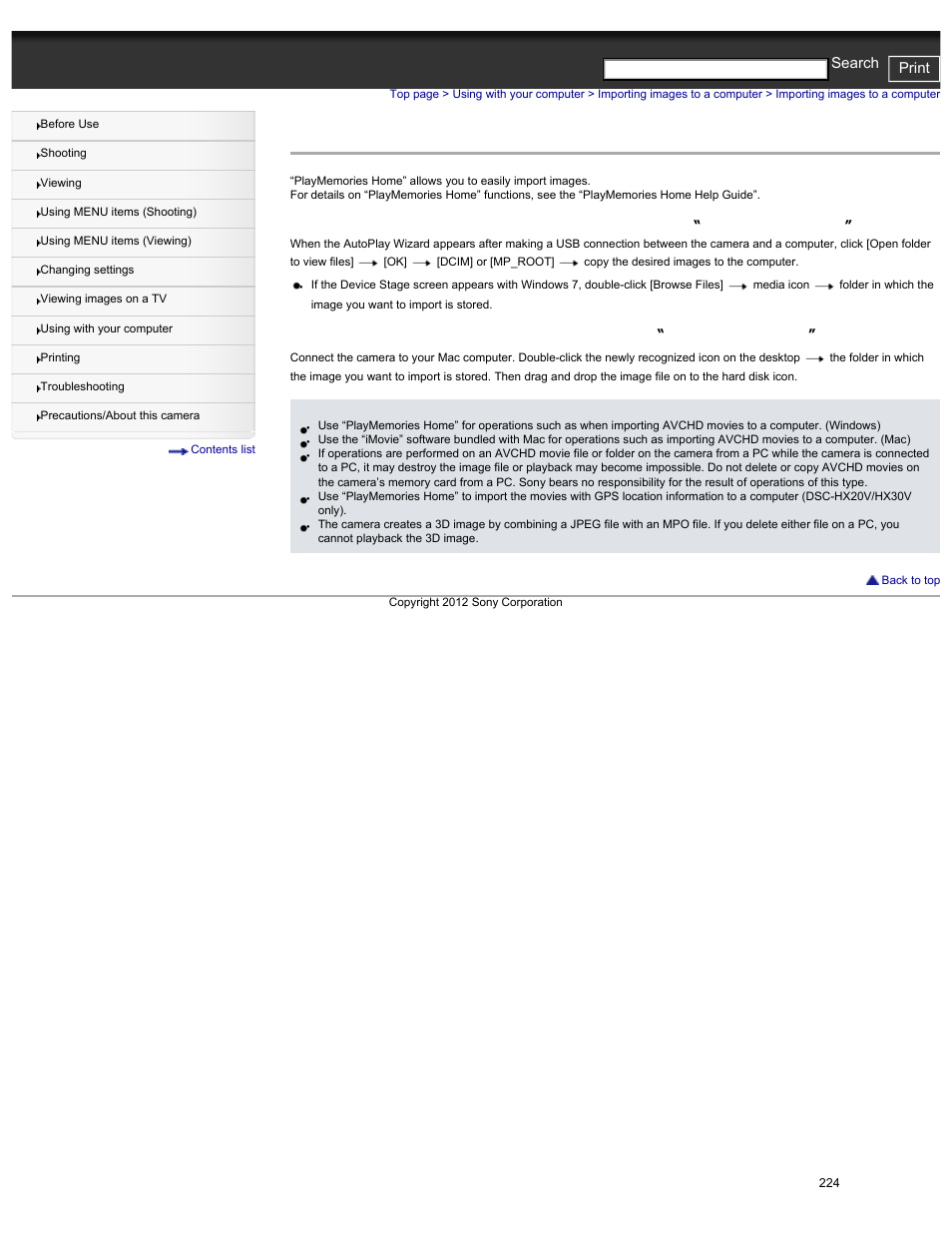 Importing images to a computer, Details, Cyber-shot user guide print search | Sony DSC-HX30V User Manual | Page 233 / 276