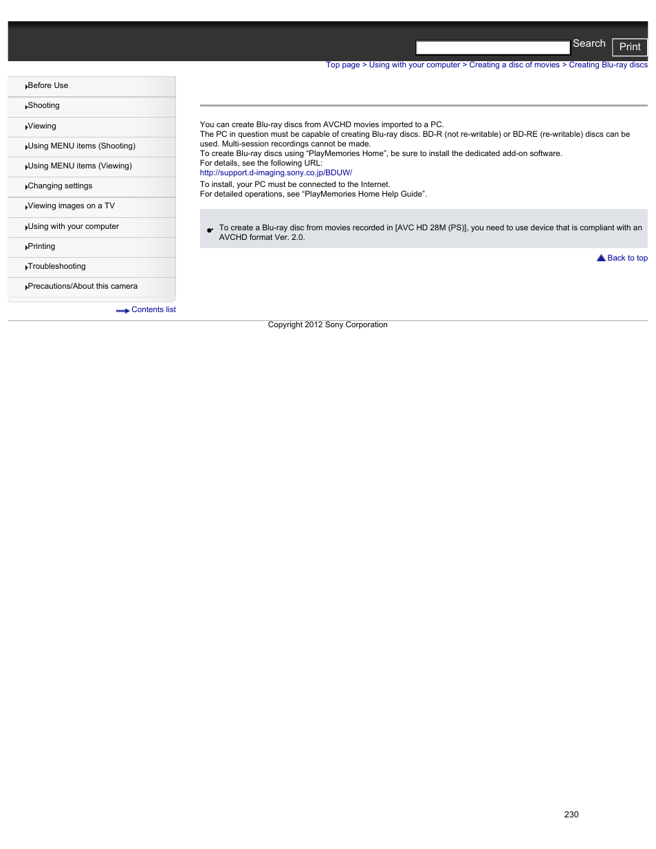Creating blu-ray discs, Details, Cyber-shot user guide print search | Sony DSC-HX30V User Manual | Page 239 / 276