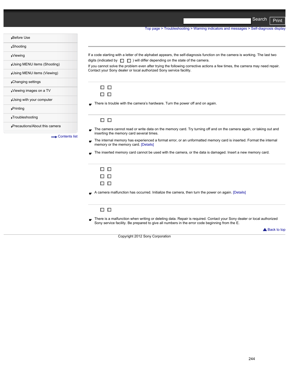 Self-diagnosis display, Cyber-shot user guide print search | Sony DSC-HX30V User Manual | Page 253 / 276