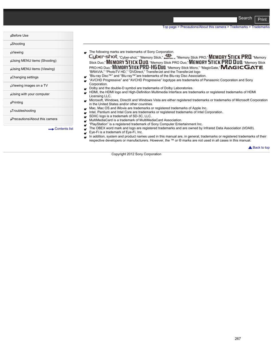 Trademarks, Cyber-shot user guide print search | Sony DSC-HX30V User Manual | Page 276 / 276