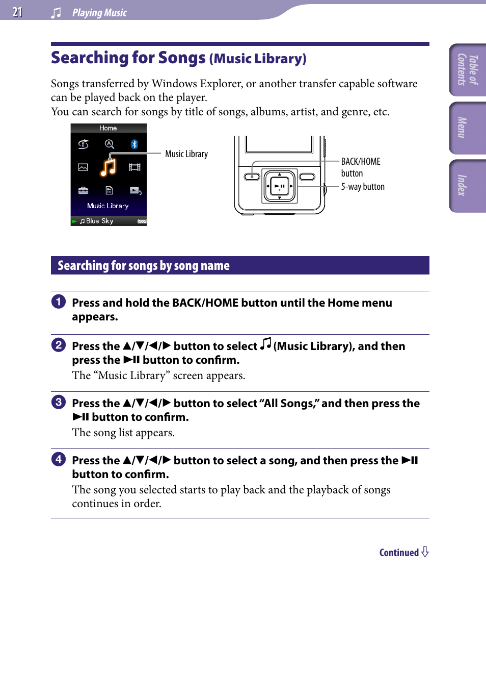 Playing music, Searching for songs (music library), Searching for songs by song name | Searching for songs, Music library), All songs | Sony NWZ-A829 User Manual | Page 21 / 161