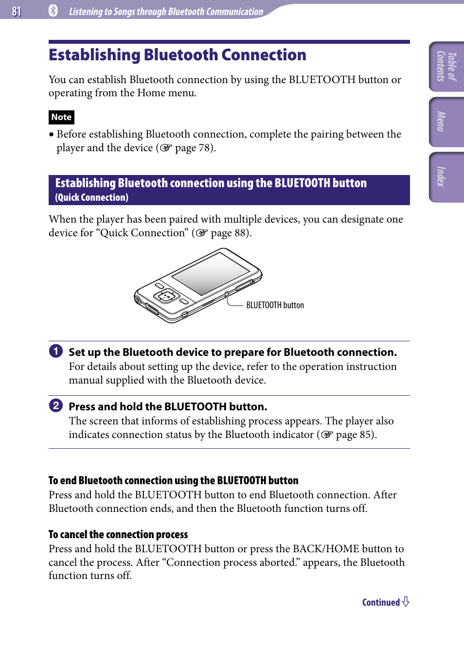 Establishing bluetooth connection, Establishing bluetooth connection using the, Bluetooth button | Quick connection) | Sony NWZ-A829 User Manual | Page 81 / 161