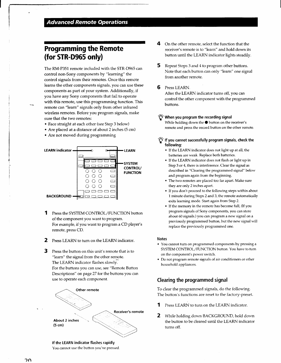 Programming the remote (for str-d%5 only), Q' when you program the recording signal, Notes | Clearing the programmed signal, If the learn indicator flashes rapidly, Advanced remote operations, O o o | Sony STR-D965 User Manual | Page 20 / 28