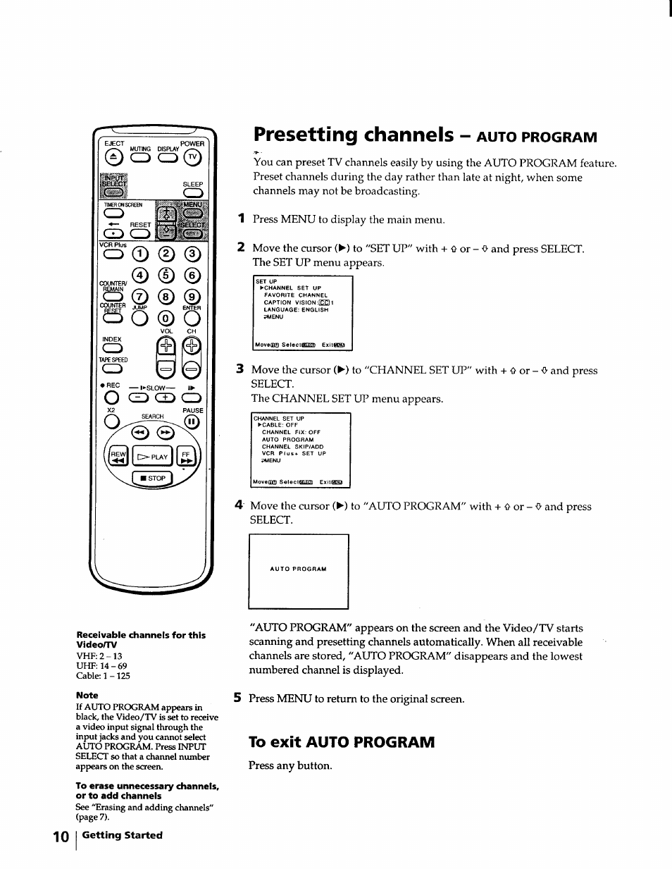 Presetting channels - auto program, Presetting channels, Auto | Program | Sony KV-20VM40 User Manual | Page 10 / 52