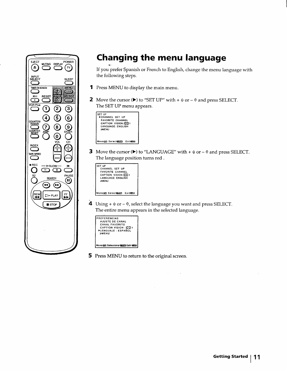 Changing the menu language, 5 press menu to return to the original screen | Sony KV-20VM40 User Manual | Page 11 / 52