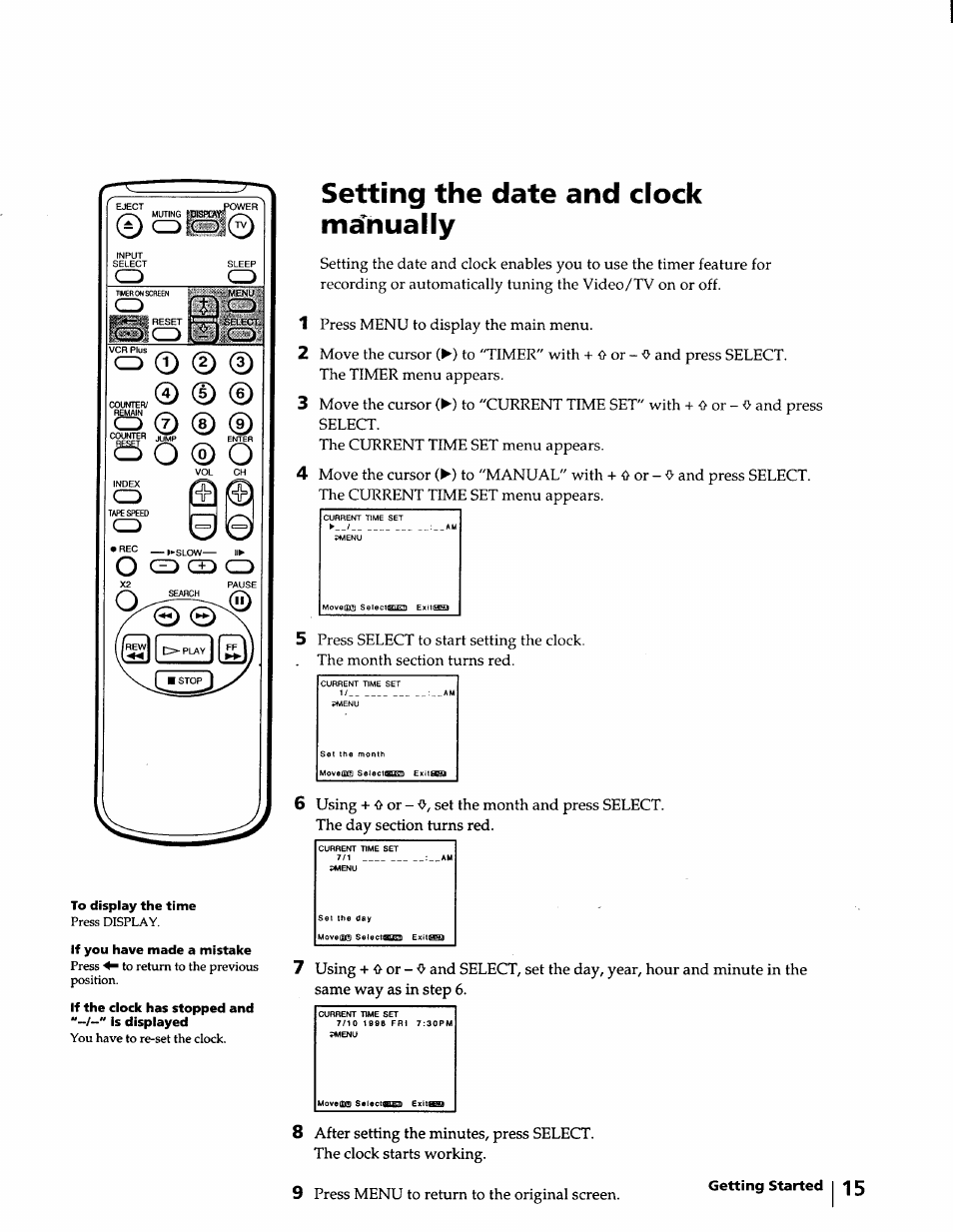 Setting the date and clock manually, O © o, Qq t | 1 cd | Sony KV-20VM40 User Manual | Page 15 / 52