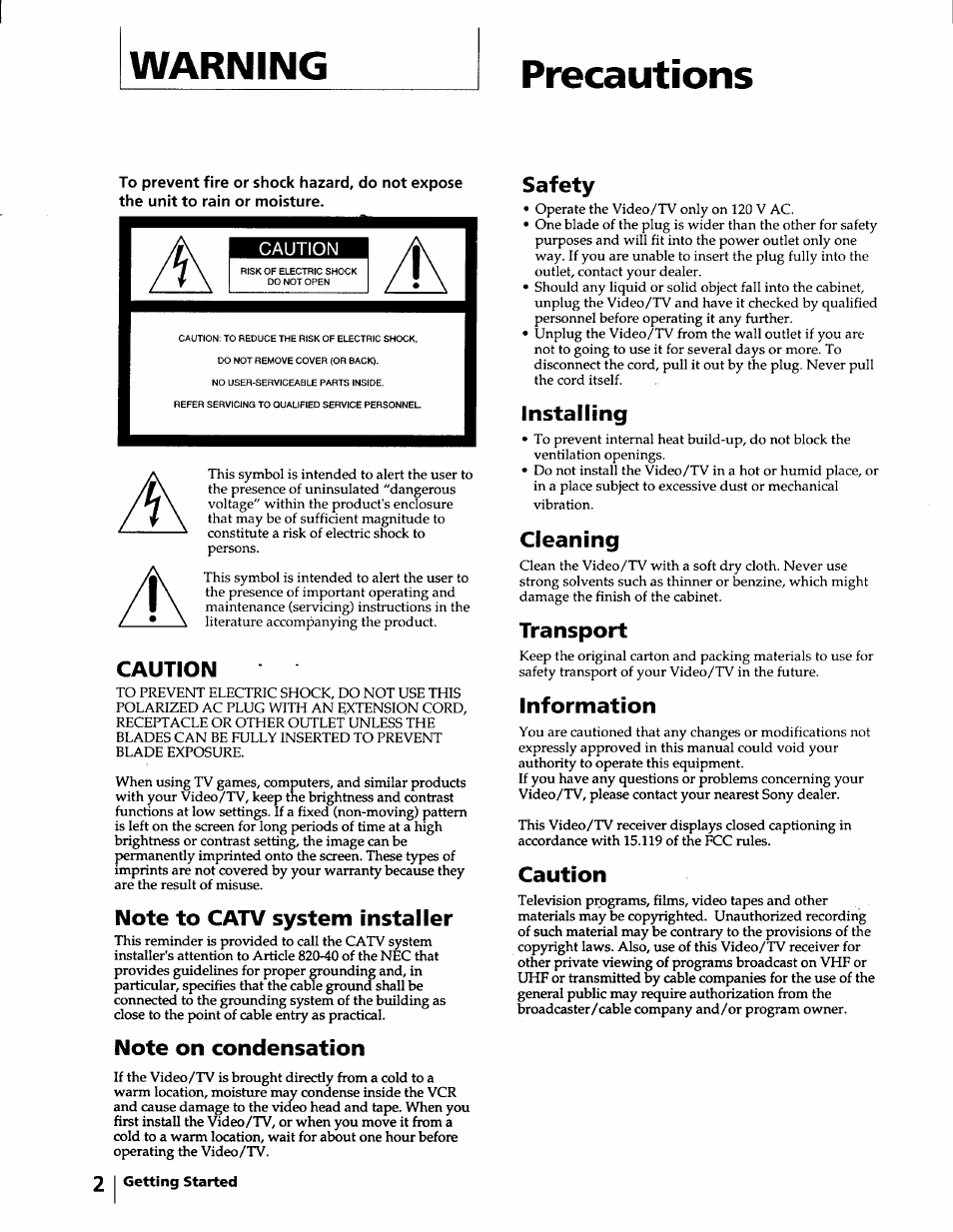Warning, Precautions, Safety | Caution, Note to catv system installer, Note on condensation, Installing, Cleaning, Transport, Information | Sony KV-20VM40 User Manual | Page 2 / 52