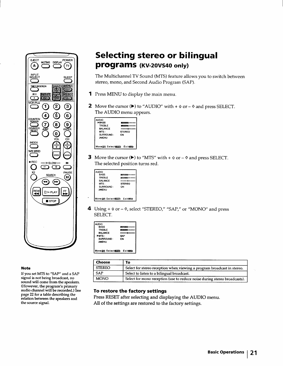 Selecting stereo or bilingual programs, Only) | Sony KV-20VM40 User Manual | Page 21 / 52