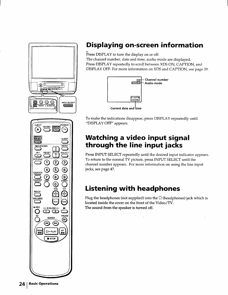 Displaying on-screen information, Listening with headphones | Sony KV-20VM40 User Manual | Page 24 / 52