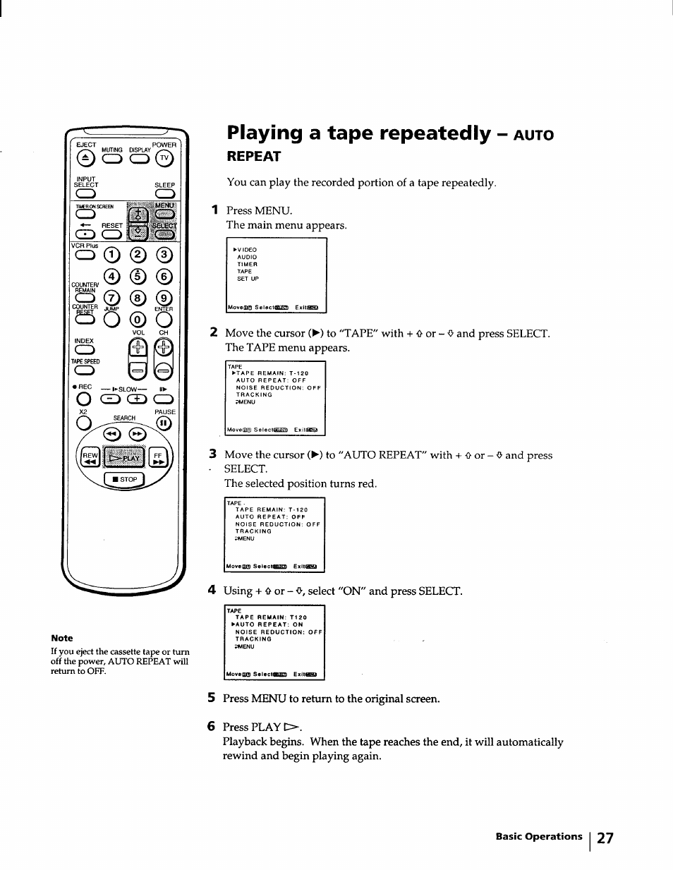 Playing a tape repeatedly - auto, Playing a tape repeatedly - auto repeat, Playing a tape repeatedly | Repeat, Auto | Sony KV-20VM40 User Manual | Page 27 / 52